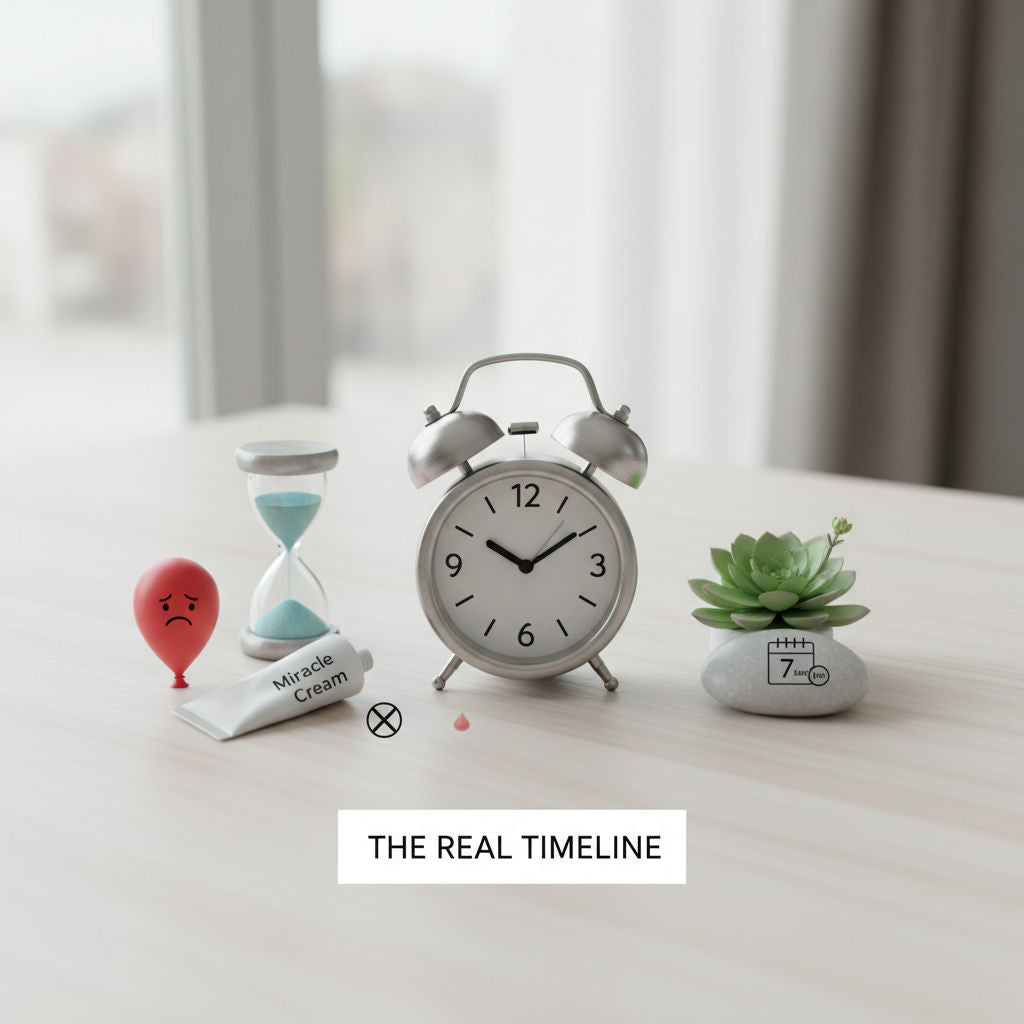 An alarm clock and hourglass illustrating realistic pimple-treatment timelines.