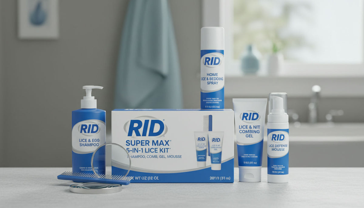 Parent using fine-tooth comb to remove nits while demonstrating the rid super max 5-in-1 complete lice treatment kit application process in a bathroom