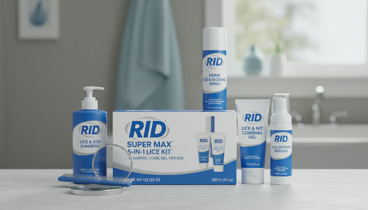Parent using fine-tooth comb to remove nits while demonstrating the rid super max 5-in-1 complete lice treatment kit application process in a bathroom