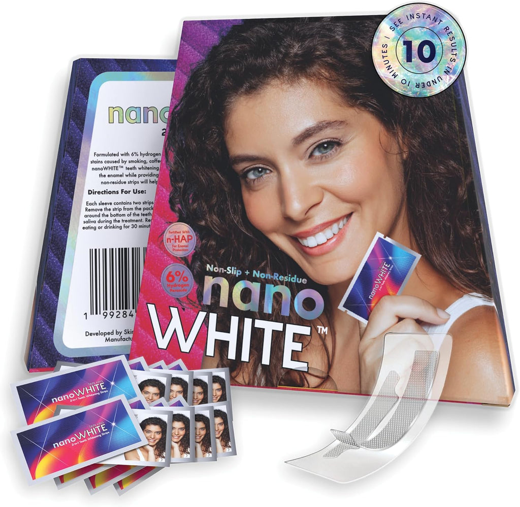 2-in-1 Teeth Whitening Strips | Professional Hydrogen Peroxide + Enamel-Repairing Nano-Hydroxyapatite | 28 No-Residue, Non-Slip Strips | Up to 8 Shades Whiter | Safe for Sensitive Teeth